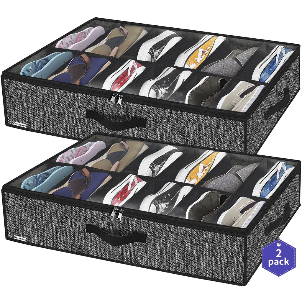 Sturdy Under Bed Shoe Storage Organizer, Set of 2, Fit 12 to 24 Pairs, Underbed Shoes Closet Storage Solution with Clear Window, Breathable, L29.3 x W23.6 x H5.9, Linen-like Black, MXAUBSB2P