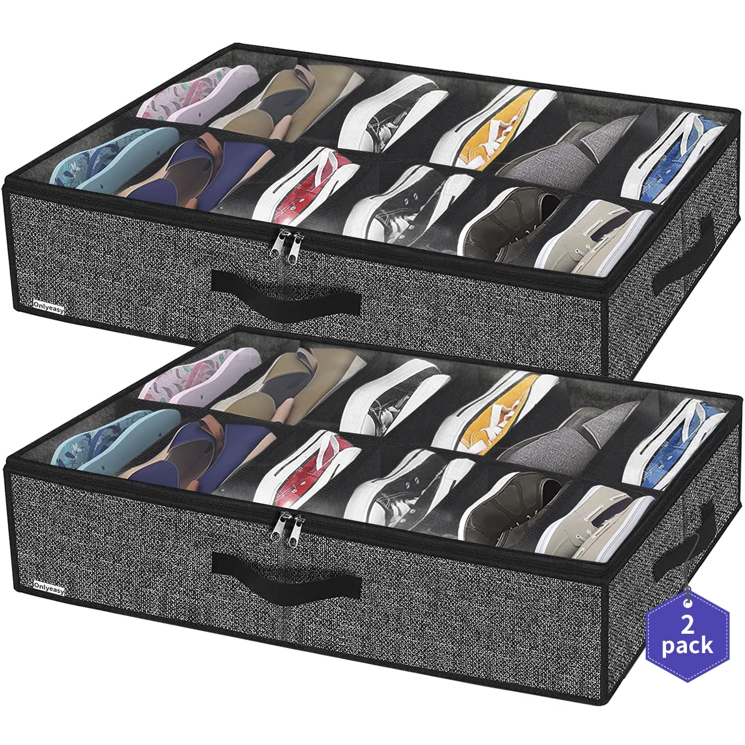 Sturdy Under Bed Shoe Storage Organizer, Set of 2, Fit 12 to 24 Pairs, Underbed Shoes Closet Storage Solution with Clear Window, Breathable, L29.3 x W23.6 x H5.9, Linen-like Black, MXAUBSB2P