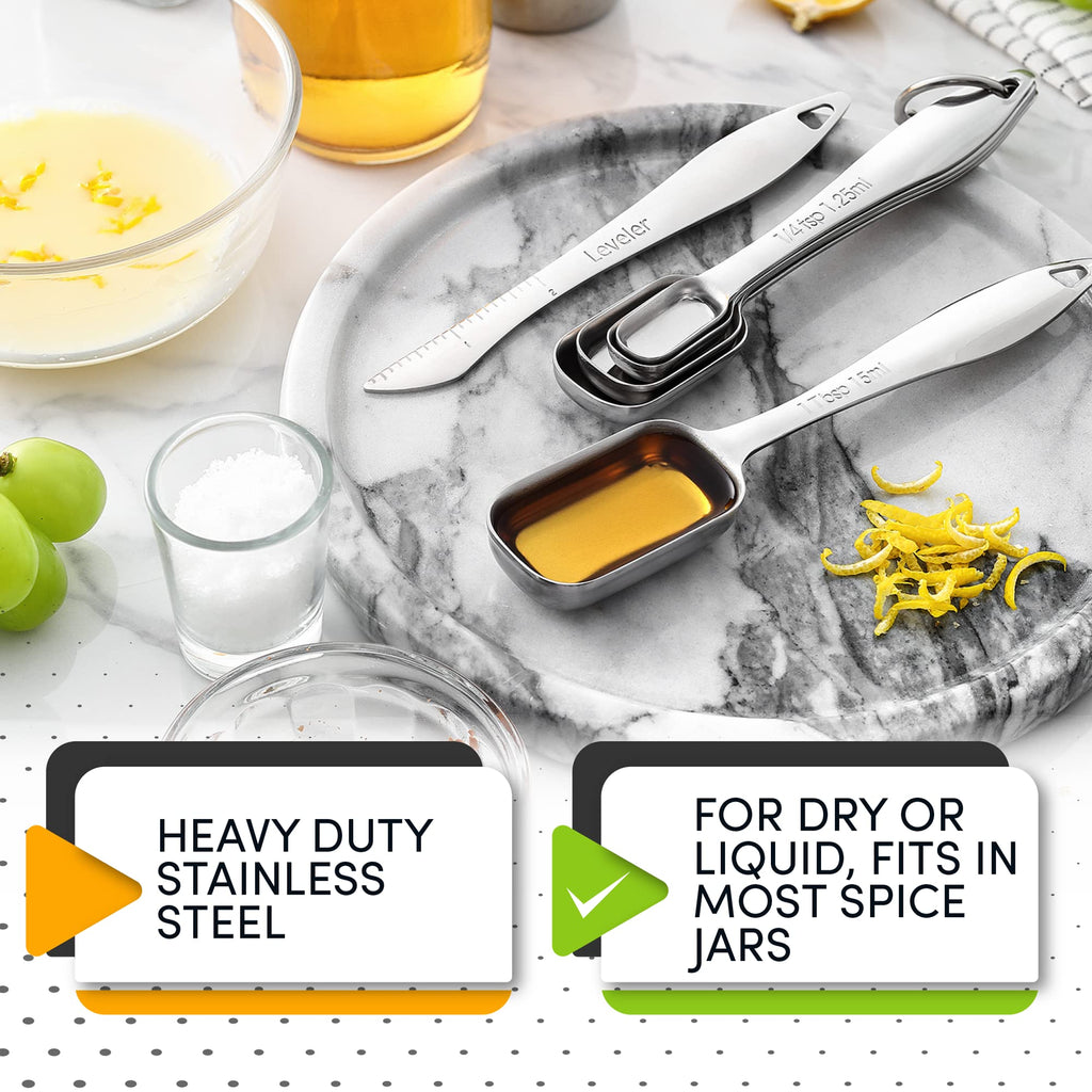 Stainless Steel Measuring Spoons Set of 6 with Leveler, Rectangular Metal Teaspoon & Tablespoon Measuring Spoons for Dry & Liquid Ingredients - Nesting Kitchen Gadgets For Baking & Cooking