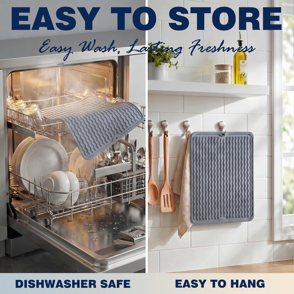 2 Pack Silicone Dish Drying Mat for Kitchen Counter Heat Resistant Under Sink Waterproof Coffee Bar Accessories Dining Rack Stone Utensil Holder Countertop Decor Must Haves 2026