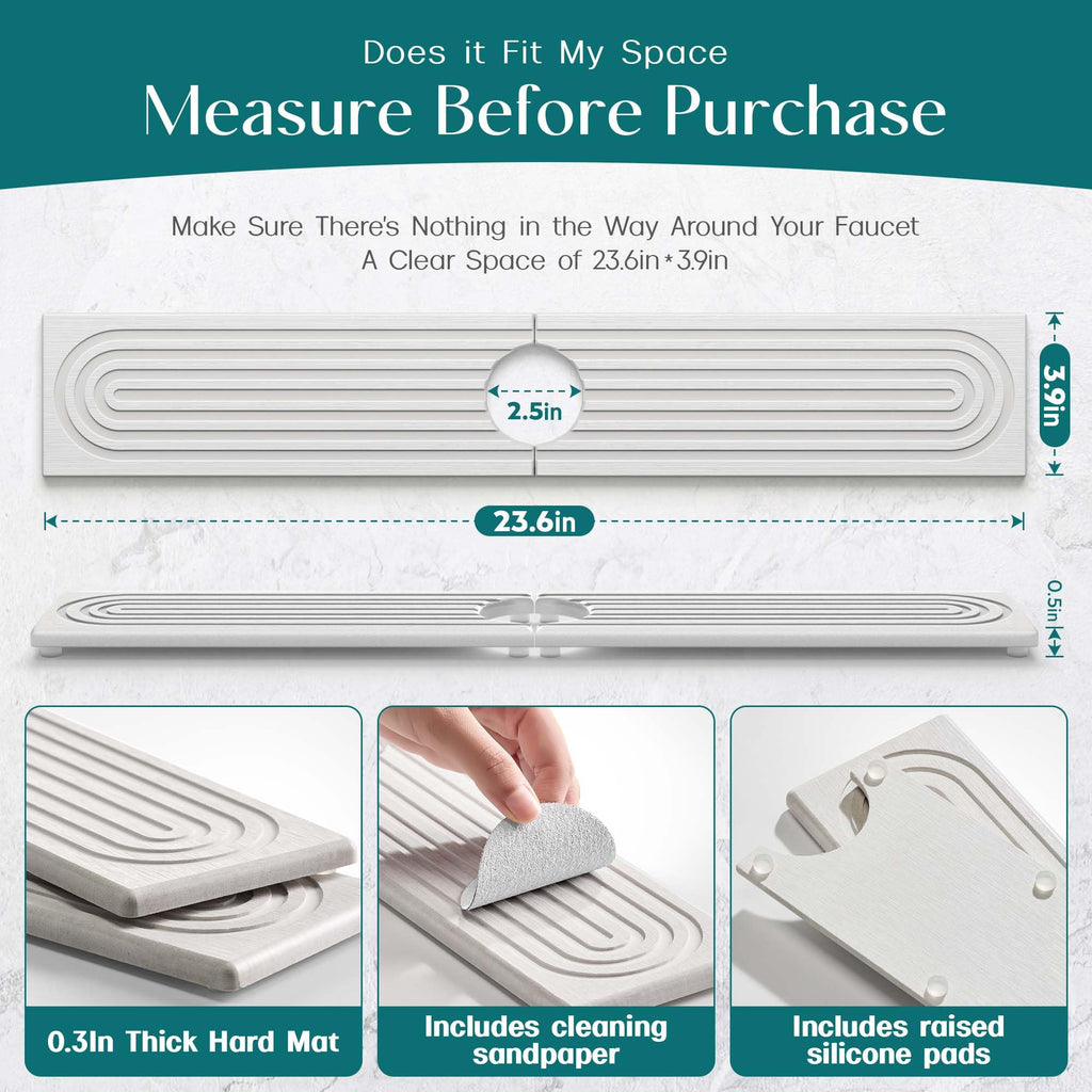 Faucet Mat for Kitchen Sink – Diatomite Stone Drying Mat & Sink Protectors, Prevent Moisture – Sink Splash Guard Water-Absorbing Stone Tray for Bathroom Counter (Light Grey, 23.6" x 3.9")