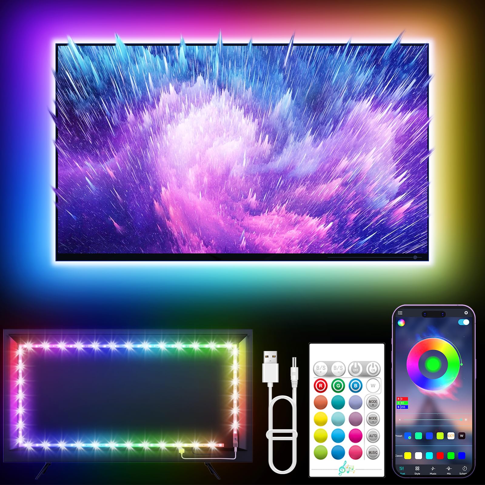 LED Lights for TV, 16.4ft LED Lights for 45-75 Inch TVs, RGB TV Backlight Behind, Music Sync Bluetooth APP & Remote Control Strip Lights USB Powered for Bedroom, Gaming, Home Décor