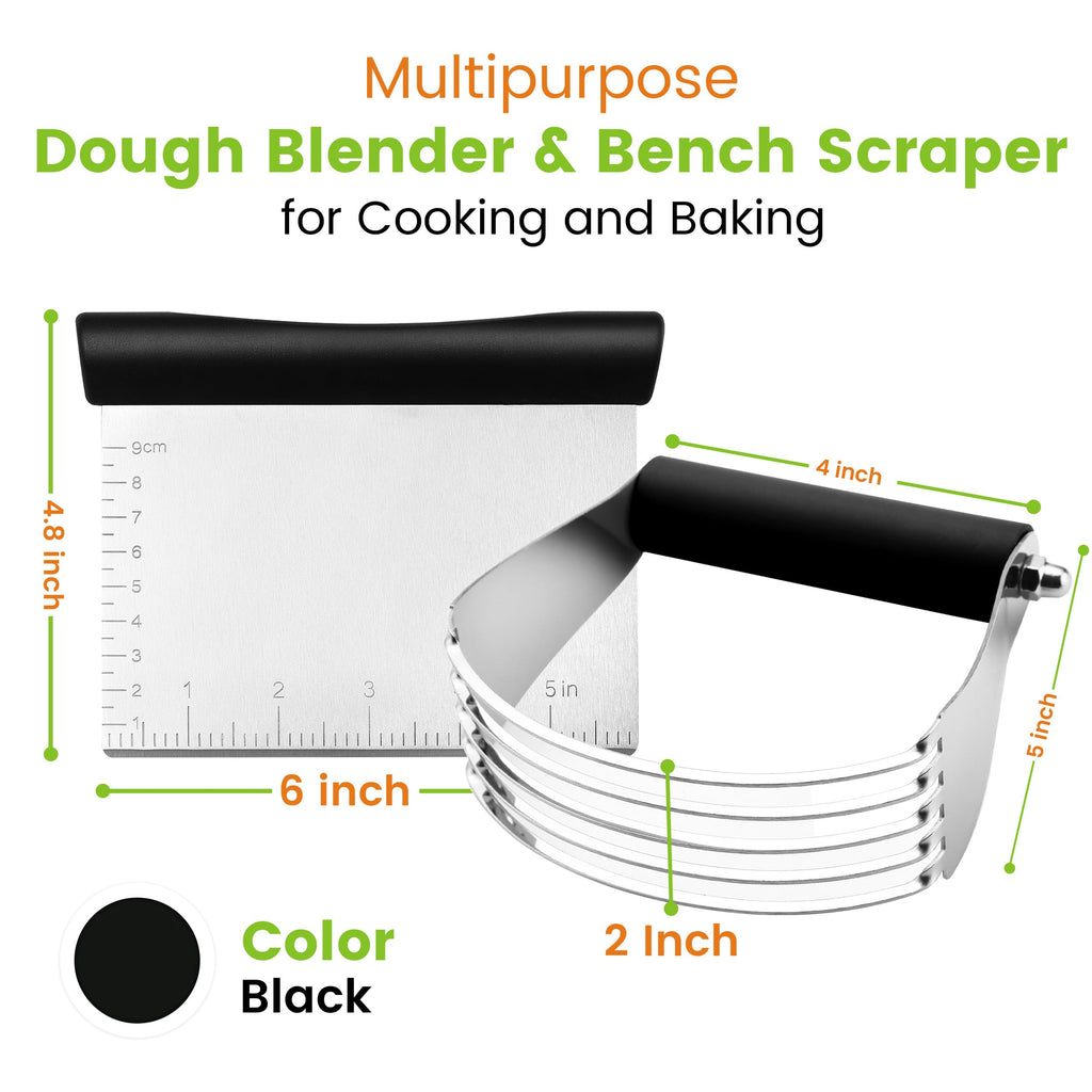 Dough Blender & Pastry Cutter Tool, Stainless Steel Pastry Blender & Bench Scraper for Pizza, Nut, Pie - Multipurpose Dough Cutter & Scraper Tool for Baking with Soft Grip Handles - Black