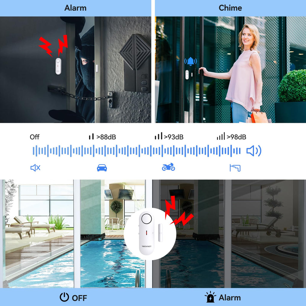 Door Alarms for Kids Safety, Window Alarm Pool Alarms Door Alarm for Home Security, 2-in-1 Alarm & Chime, 3-Level Volume Control, Wireless Alarm for House Hotel Cars Sheds Caravans (3 Pack)