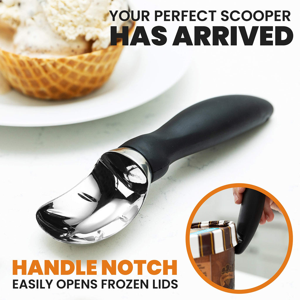 Heavy Duty Ice Cream Scoop with Comfortable Handle - Professional Ice Cream Scooper for Gelato, Sorbet, Cookie Dough, Melon, Frozen Yogurt - Dishwasher Safe Metal Kitchen Tool - Black