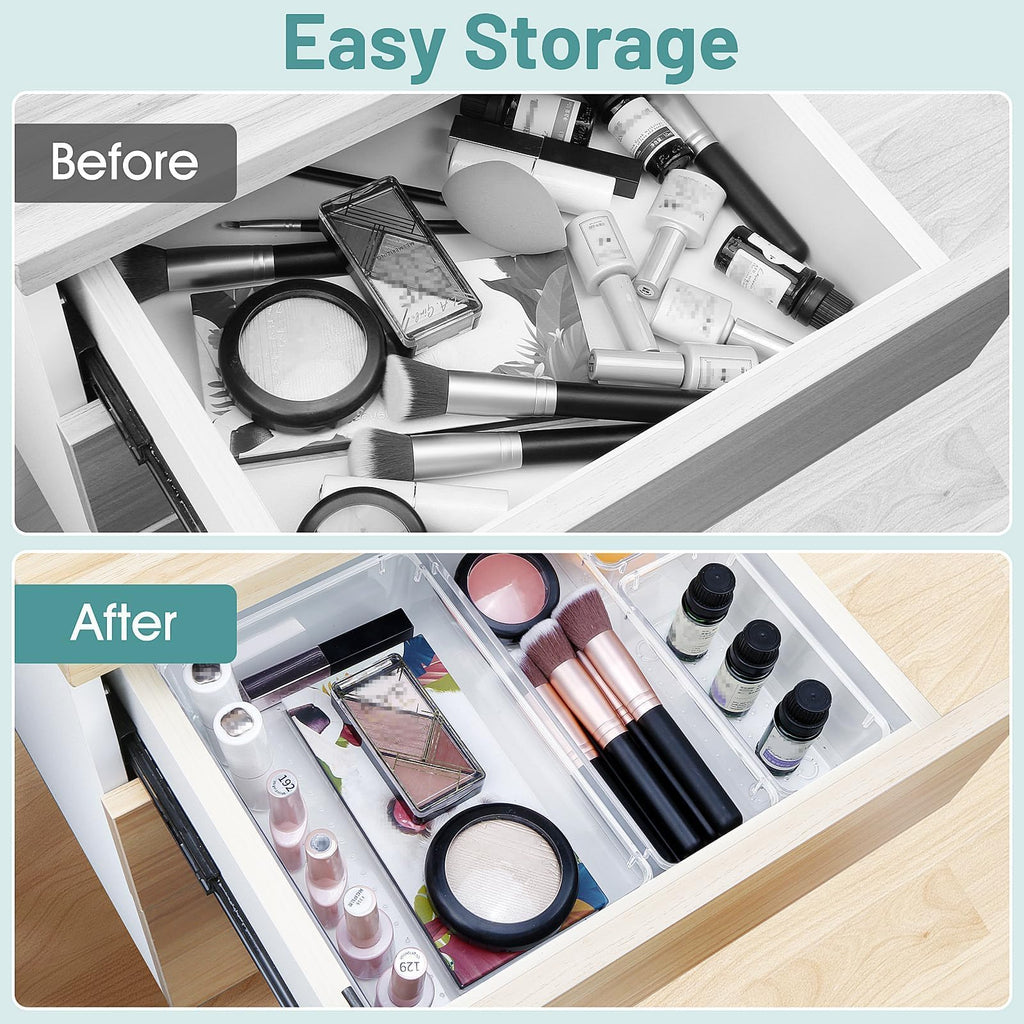 25 PCS Clear Plastic Drawer Organizer Set, 4 Sizes Desk Drawer Divider Organizers and Storage Bins for Makeup, Jewelry, Gadgets for Kitchen, Bedroom, Bathroom, Office