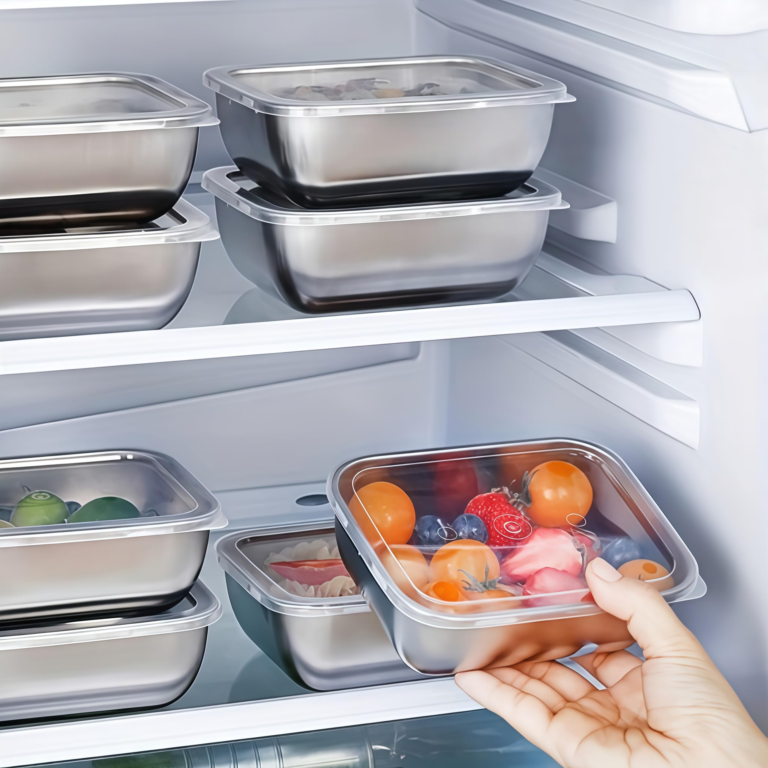 5 PCS Stainless Steel Storage Container Sets - Clear Lids, Stackable Food Storage | Kitchen Containers, Fruit & Snack Organization (Multi-Use)