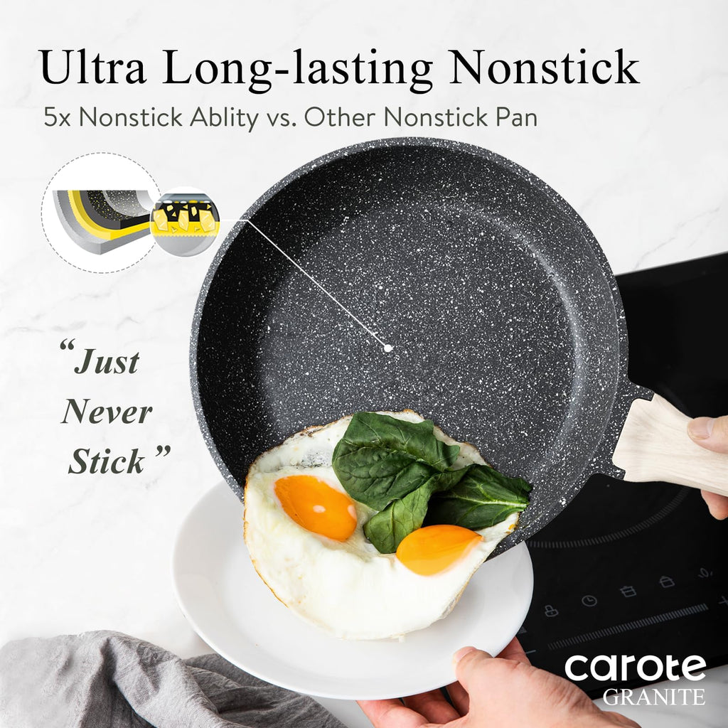 Non Stick Frying Pan Skillet, Omelet Pan, Healthy Non Toxic Granite Chef Pan, Induction Compatible Egg Frying Pan with Heat-Resistant Handle, PFOA-Free,Black, 10"