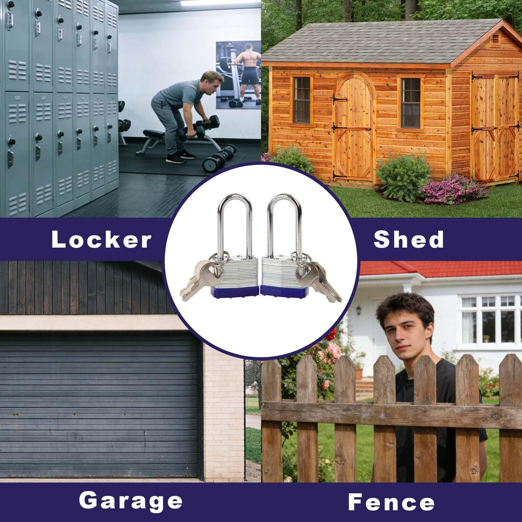 2PCS Heavy Duty Padlock Keyed Alike, 2-3/8" Extra Long Shackle, 40MM 1-9/16" Laminated Steel Lock Body, Ideal for Gym Locker, Sheds, Gate, Warehouse, Tool Box, Hasp (4 Keys Same)