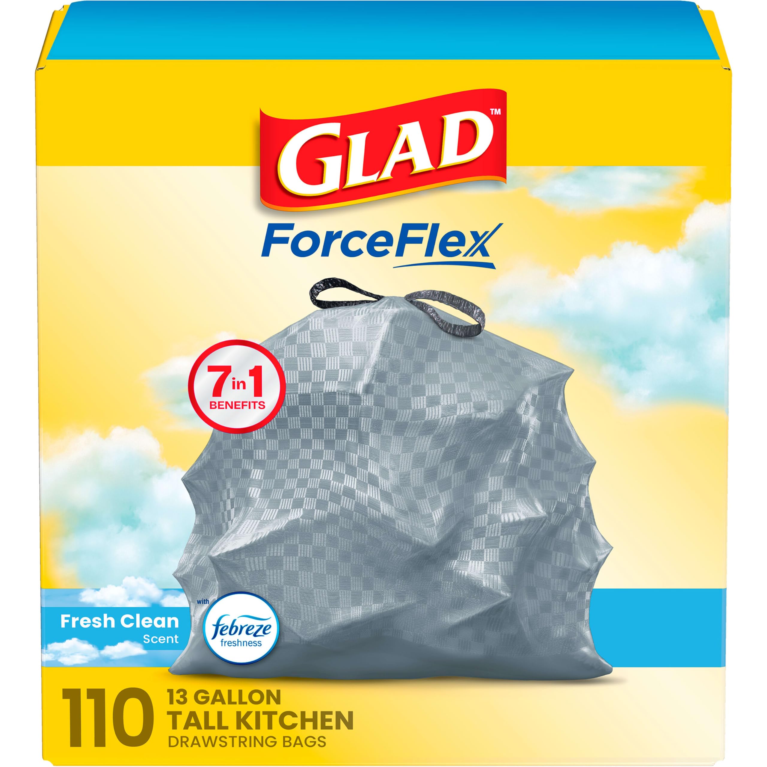 Tall Kitchen Drawstring Trash Bags - Odorshield 13 Gallon White Trash Bag, Febreze Fresh Clean, 110 Count