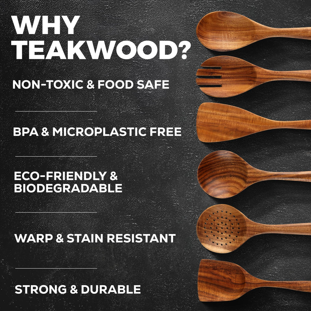 6 Piece Wooden Spoons for Cooking – Natural Teak Wooden Utensil Set, Easy to Clean, Durable, Smooth with Comfort Grip - Non Toxic Wooden Cooking Utensil Sets