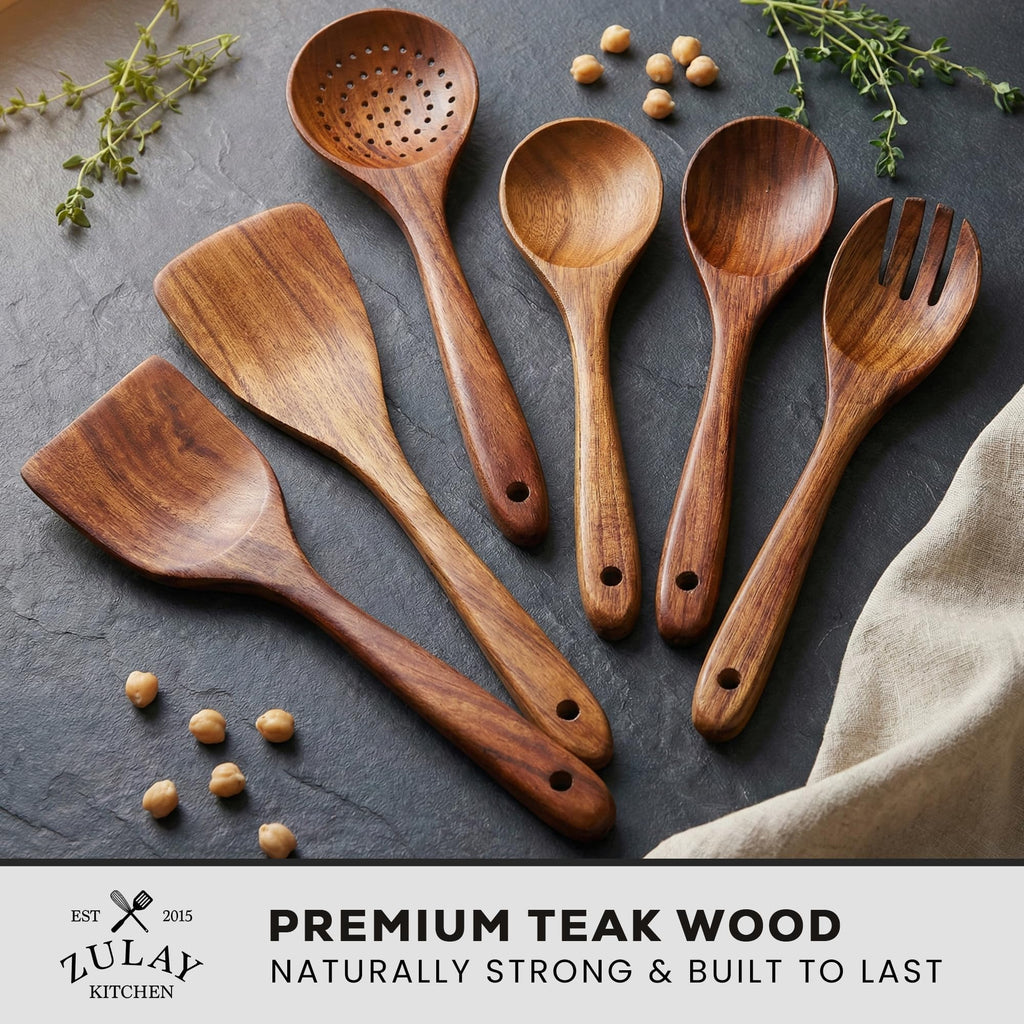 6 Piece Wooden Spoons for Cooking – Natural Teak Wooden Utensil Set, Easy to Clean, Durable, Smooth with Comfort Grip - Non Toxic Wooden Cooking Utensil Sets