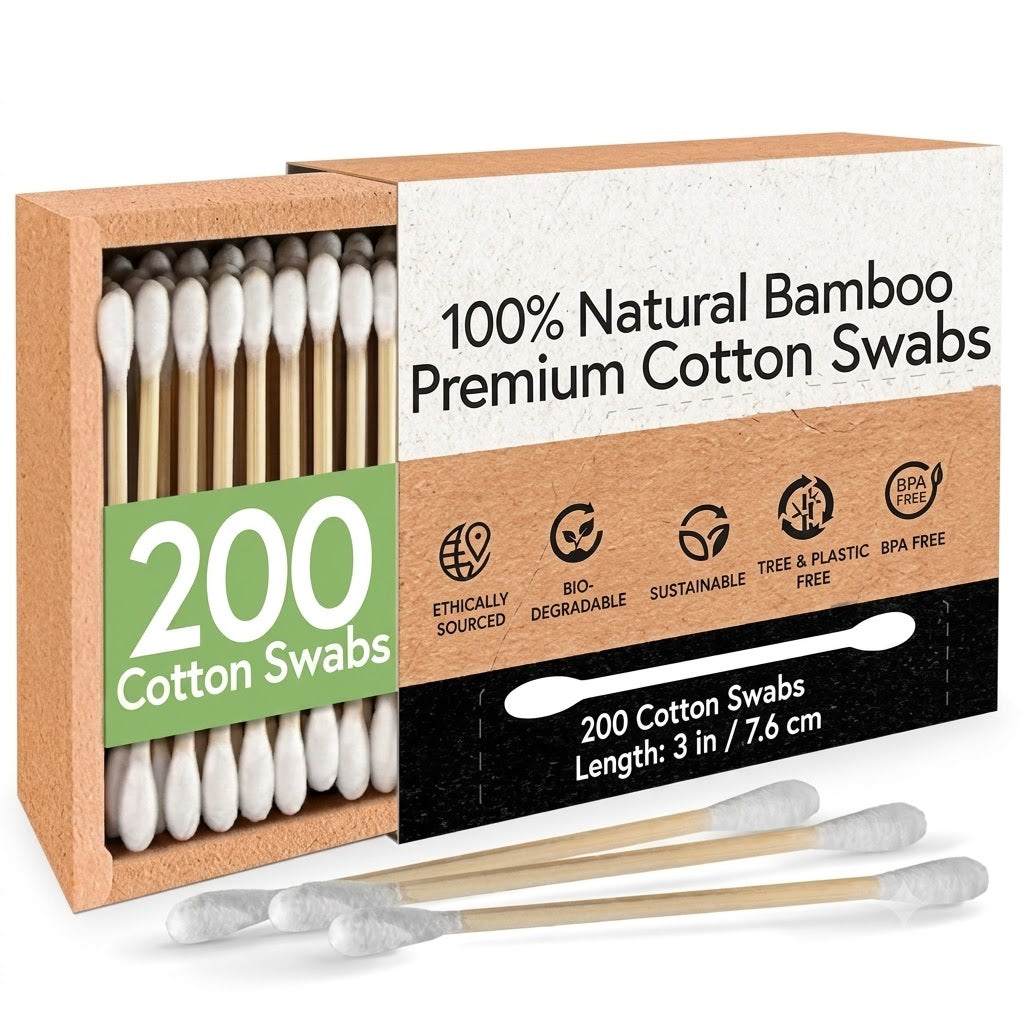 100% Bamboo Cotton Ear Swabs (200-Pack) | Double Tipped Ear Cotton Buds for Beauty & Personal Care | FSC Certified & Hypoallergenic | Suitable for All Ages & Pets | Biodegradable & Disposable