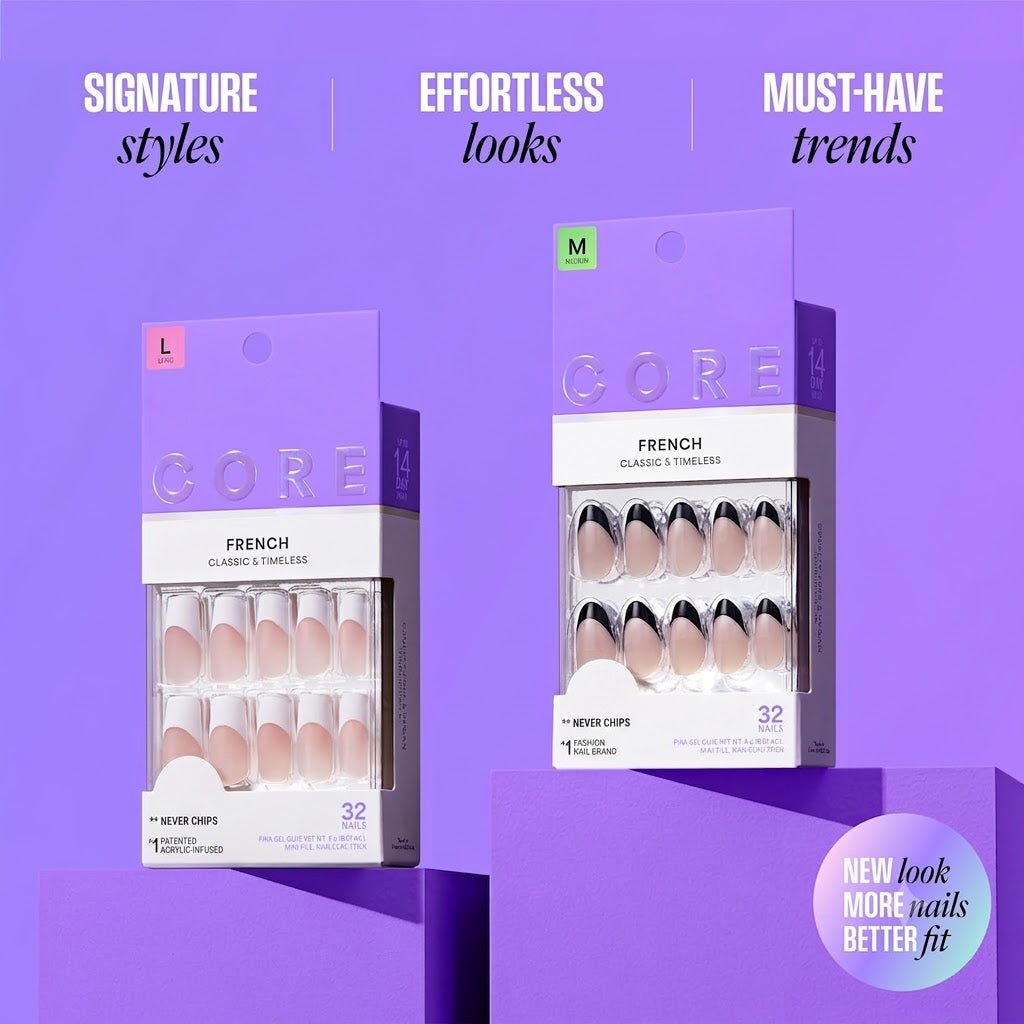 Core, Press On Nails, Nail glue included, 'Full of Fun', Black, Medium Size, Almond Shape, Includes 32 Nails, 2g Glue, 1 Manicure Stick, 1 Mini File